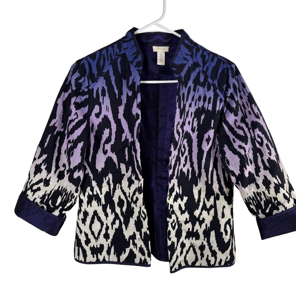Chicos Open Front Jacket Women's S Purple Ikat Ombre Boho Art to Wear Maximalist